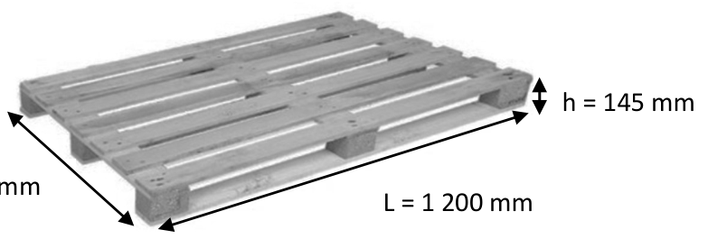Palette EURO en bois, de dimensions : longueur 1 200 mm, largeur 800 mm, hauteur 145 mm.