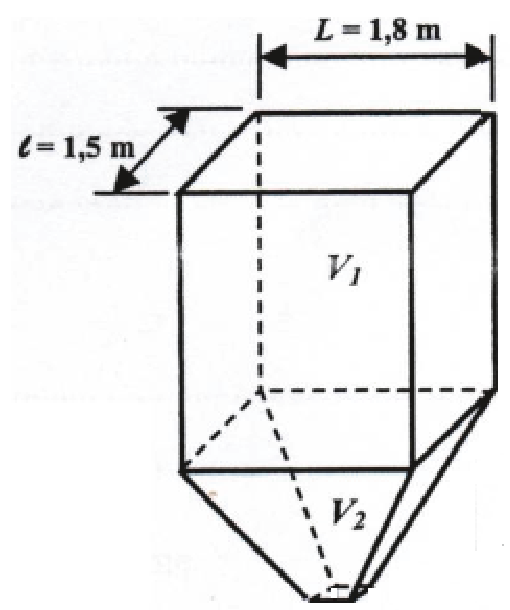 Silo : un pavé droit (L = 1,8 m, l = 1,5 m, volume V1) surmontant une pyramide tronquée (volume V2) qui se termine vers le bas par une petite ouverture.