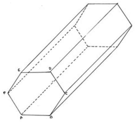 Prisme droit à base hexagonale régulière ABCDEF, couché, de grande longueur (profondeur h).