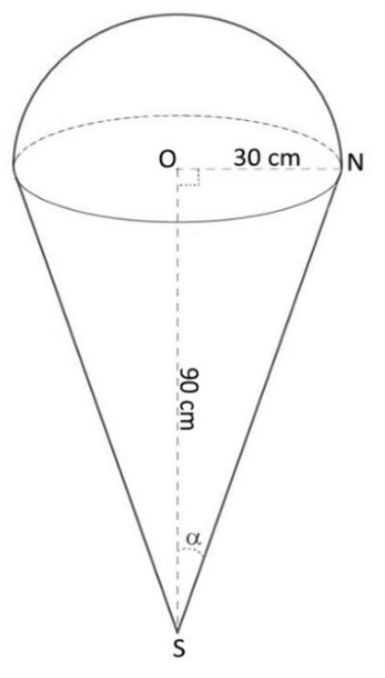 Ballon-sonde : un cône de révolution de sommet S, de hauteur SO = 90 cm, dont la base est un disque de centre O et de rayon ON = 30 cm, surmonté d'une demi-sphère de rayon 30 cm. L'angle α est l'angle au sommet entre l'axe et une génératrice.