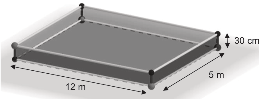 Jardin rectangulaire de 12 m sur 5 m entouré d'une bordure de 30 cm de hauteur : un pavé droit de dimensions 12 m, 5 m et 30 cm.