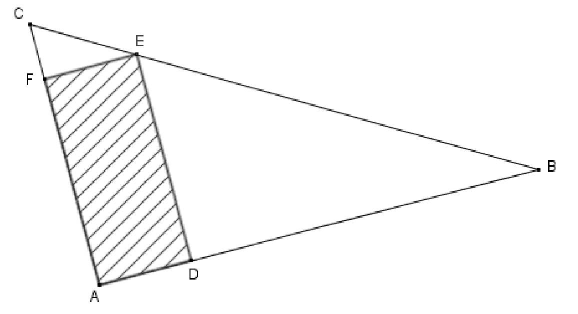 Triangle ABC (C en haut à gauche, A en bas à gauche, B à droite) ; le rectangle ADEF hachuré a D sur [AB], E sur [BC], F sur [AC].