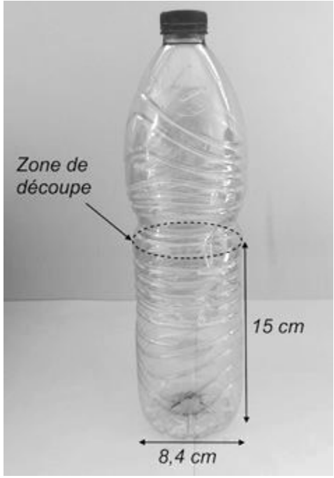 Bouteille d'eau en plastique avec une zone de découpe en pointillés ; la partie basse conservée mesure 15 cm de haut et 8,4 cm de large.