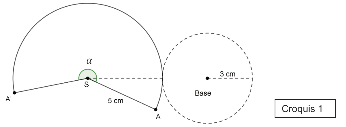Croquis 1 : un secteur de disque de centre S et de rayon 5 cm, d'angle au centre α (supérieur à un demi-tour), dont les rayons sont [SA] et [SA'], à côté d'un disque de base de rayon 3 cm.