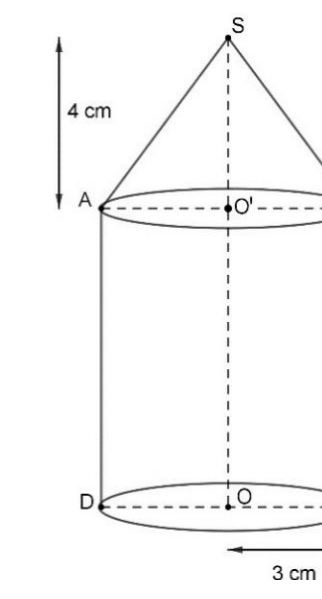 Saupoudreur : un cylindre de rayon 3 cm et de hauteur 8 cm surmonté d'un cône de hauteur 4 cm et de même base. S est le sommet du cône ; A et B sont sur le cercle du haut du cylindre ; O' est le centre de ce cercle, O celui du bas.