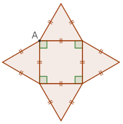 Figure 4 : un carré avec un triangle équilatéral collé sur chacun de ses quatre côtés (patron en croix). Le point A est le sommet supérieur gauche du carré.