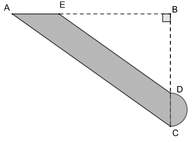 Triangle ABC rectangle en B (B en haut à droite, A en haut à gauche, C en bas à droite). D est sur [BC], E est sur [AB]. Le quadrilatère AEDC est grisé, ainsi que le demi-disque de diamètre [DC] à droite de [DC].