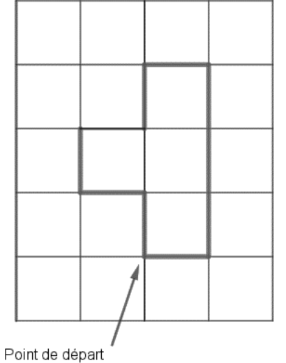 Motif sur un quadrillage de 4 colonnes et 5 lignes de carreaux : une barre verticale de 3 carreaux de haut sur 1 de large, avec un carreau accolé à gauche au milieu de la barre. Le point de départ est le sommet en bas à gauche de la barre.