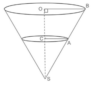 Grand cône de sommet S en bas, base de centre O et de rayon OB en haut ; un disque intermédiaire de centre C et de rayon CA coupe le cône ; O, C, S alignés sur l'axe, B, A, S alignés sur une génératrice.