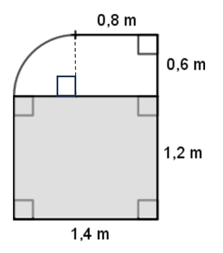 Vue de côté : rectangle de 1,4 m sur 1,2 m en bas ; au-dessus, un quart de disque de rayon 0,6 m à gauche et un rectangle de 0,8 m sur 0,6 m à droite.