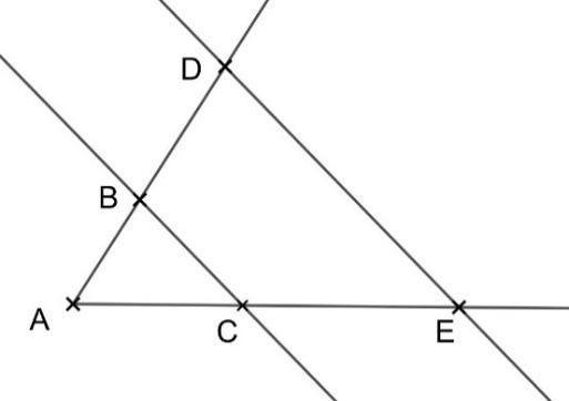 Deux droites sécantes en A : sur l'une, les points B puis D à partir de A ; sur l'autre, les points C puis E à partir de A. Les droites (BC) et (DE) sont tracées. Figure non à l'échelle.