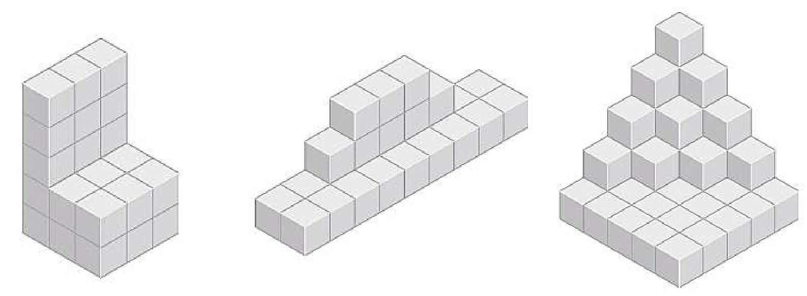 Trois solides en perspective faits de cubes unités. Solide A : un empilement en forme de L : un mur de 3 cubes de long, 1 de large et 5 de haut, et, devant ce mur, un bloc de 3 cubes de long, 2 de large et 2 de haut ; au total le solide occupe un carré de 3 sur 3 à sa base. Solide B : une longue rangée de 9 colonnes sur 2 de profondeur, de hauteur 1 aux extrémités, avec dans la rangée du fond des colonnes de hauteurs 1, 2, 3, 3, 3, 3, 1, 1, 1. Solide C : une pyramide à degrés avec 5 couches carrées de côtés 5, 4, 3, 2 et 1 cubes.